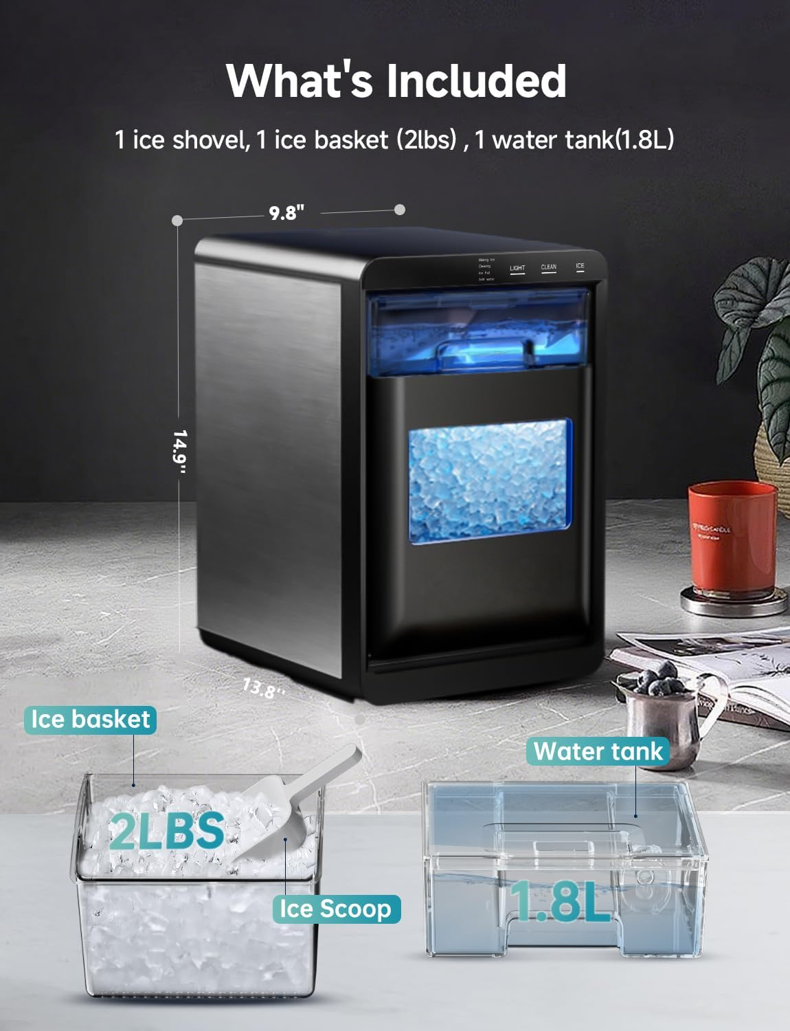 Portable Countertop Nugget Ice Maker | 40Lbs Daily Pebble Sonic Ice, Self-Cleaning Design with Ice Basket and Scoop for Indoor Daily Use