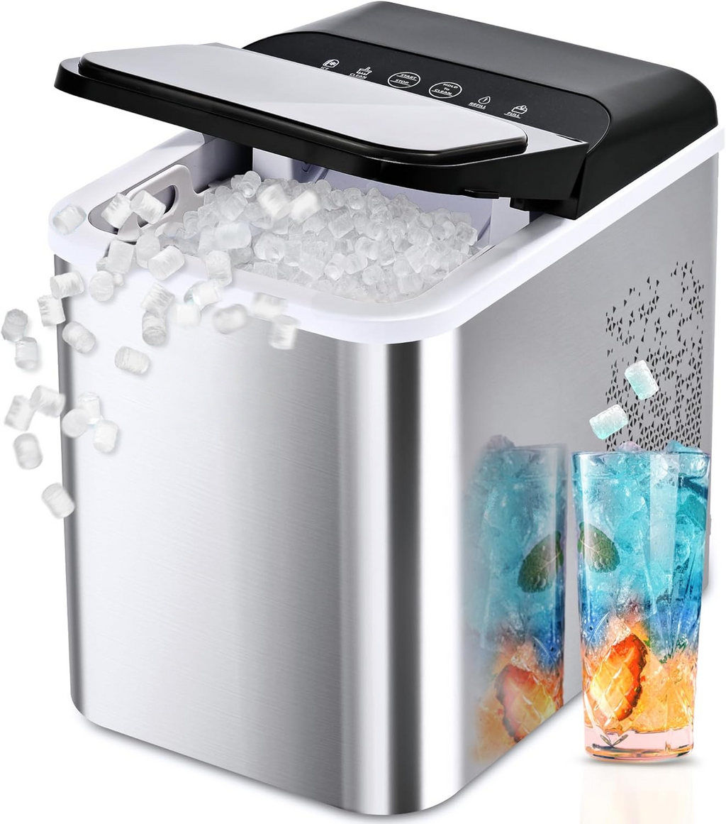 Countertop Nugget Ice Maker, Ready in 8 Mins, 35lbs/24H Self-Cleaning Portable Sonic Ice Maker with Ice Scoop and Basket, Chewable Pellet Ice Machine for Home Party RV Camping