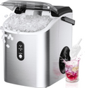 Countertop Nugget Ice Maker with Handle, Ready in 6 Mins, 34lbs Daily Production, Removable Top Cover & Auto-Cleaning, Portable Sonic Pellet Ice Maker with Basket and Scoop for Home Party RV Camping