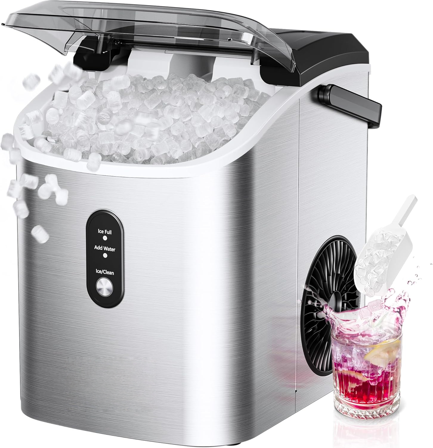 Countertop Nugget Ice Maker with Handle, Ready in 6 Mins, 34lbs Daily Production, Removable Top Cover & Auto-Cleaning, Portable Sonic Pellet Ice Maker with Basket and Scoop for Home Party RV Camping
