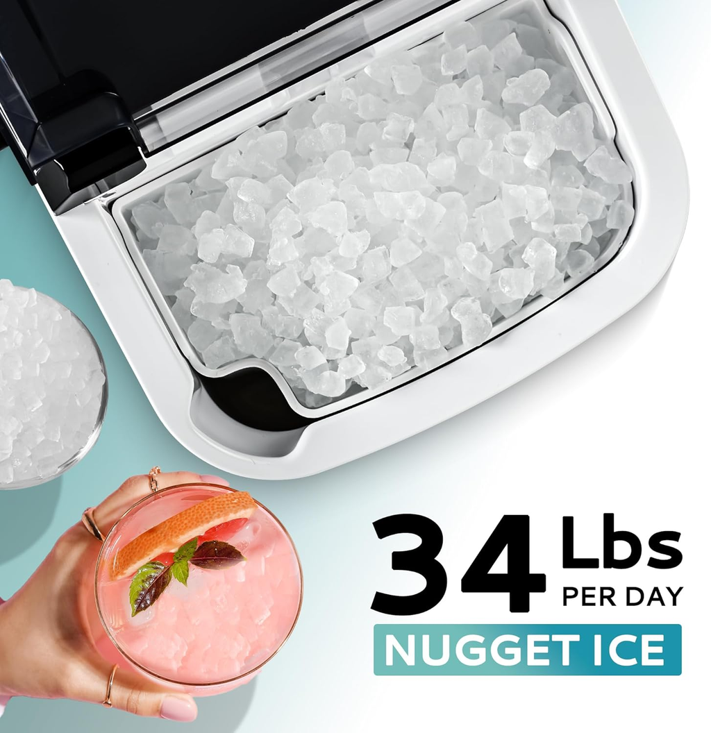 Countertop Nugget Ice Maker with Handle, Ready in 6 Mins, 34lbs Daily Production, Removable Top Cover & Auto-Cleaning, Portable Sonic Pellet Ice Maker with Basket and Scoop for Home Party RV Camping