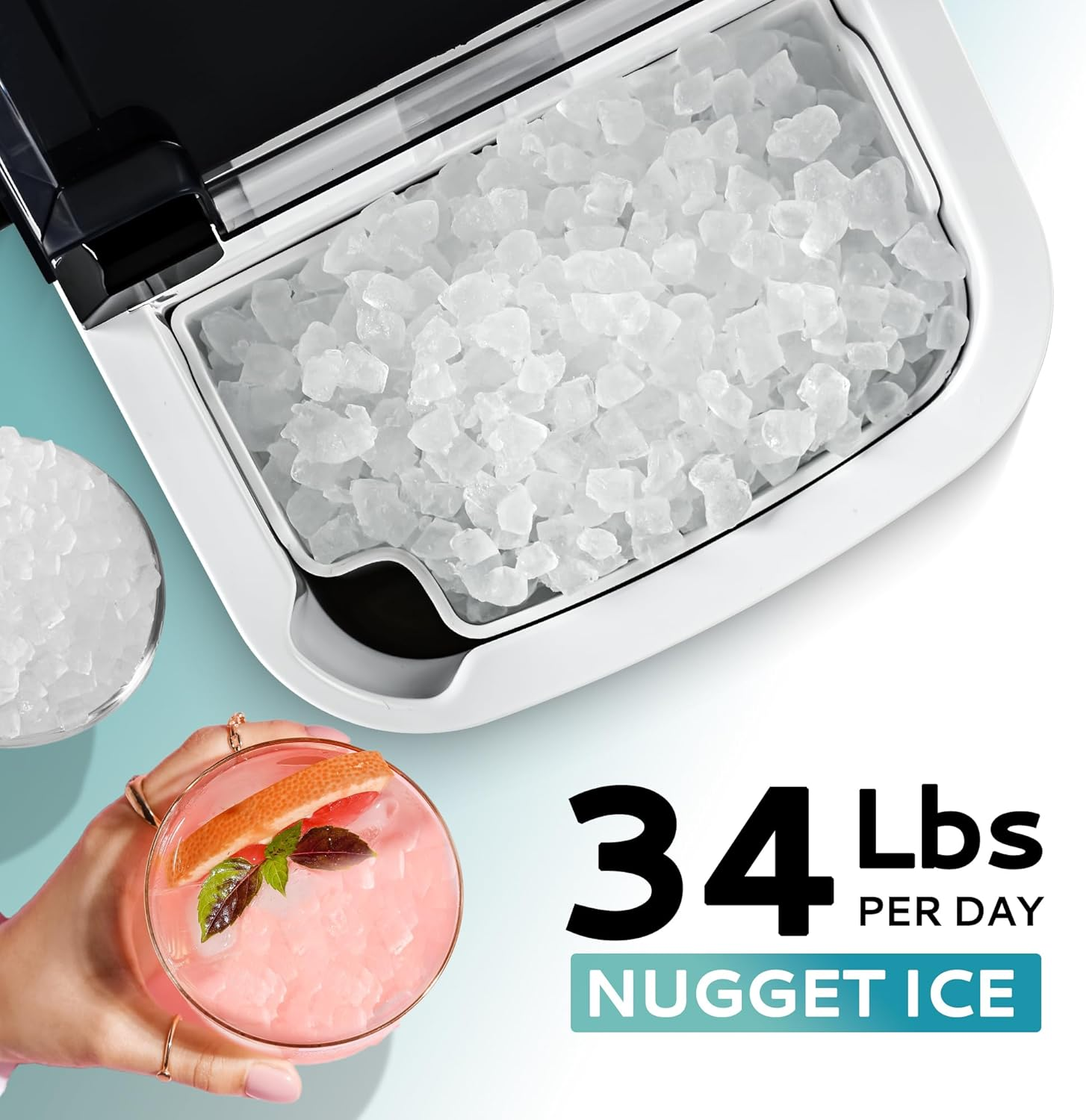 Countertop Nugget Ice Maker with Handle, Ready in 6 Mins, 34lbs Daily Production, Removable Top Cover & Auto-Cleaning, Portable Sonic Pellet Ice Maker with Basket and Scoop for Home Party RV Camping