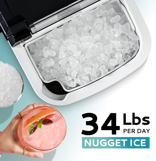 Countertop Nugget Ice Maker with Handle, Ready in 6 Mins, 34lbs Daily Production, Removable Top Cover & Auto-Cleaning, Portable Sonic Pellet Ice Maker with Basket and Scoop for Home Party RV Camping