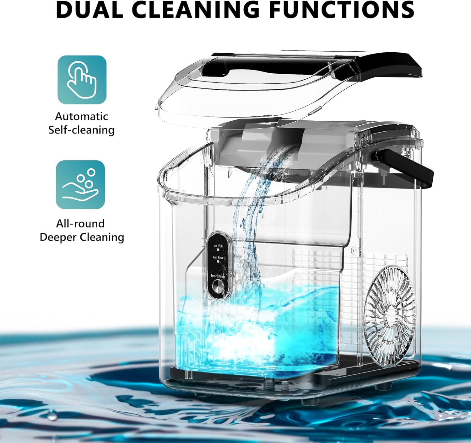 Countertop Nugget Ice Maker with Handle, Ready in 6 Mins, 34lbs Daily Production, Removable Top Cover & Auto-Cleaning, Portable Sonic Pellet Ice Maker with Basket and Scoop for Home Party RV Camping