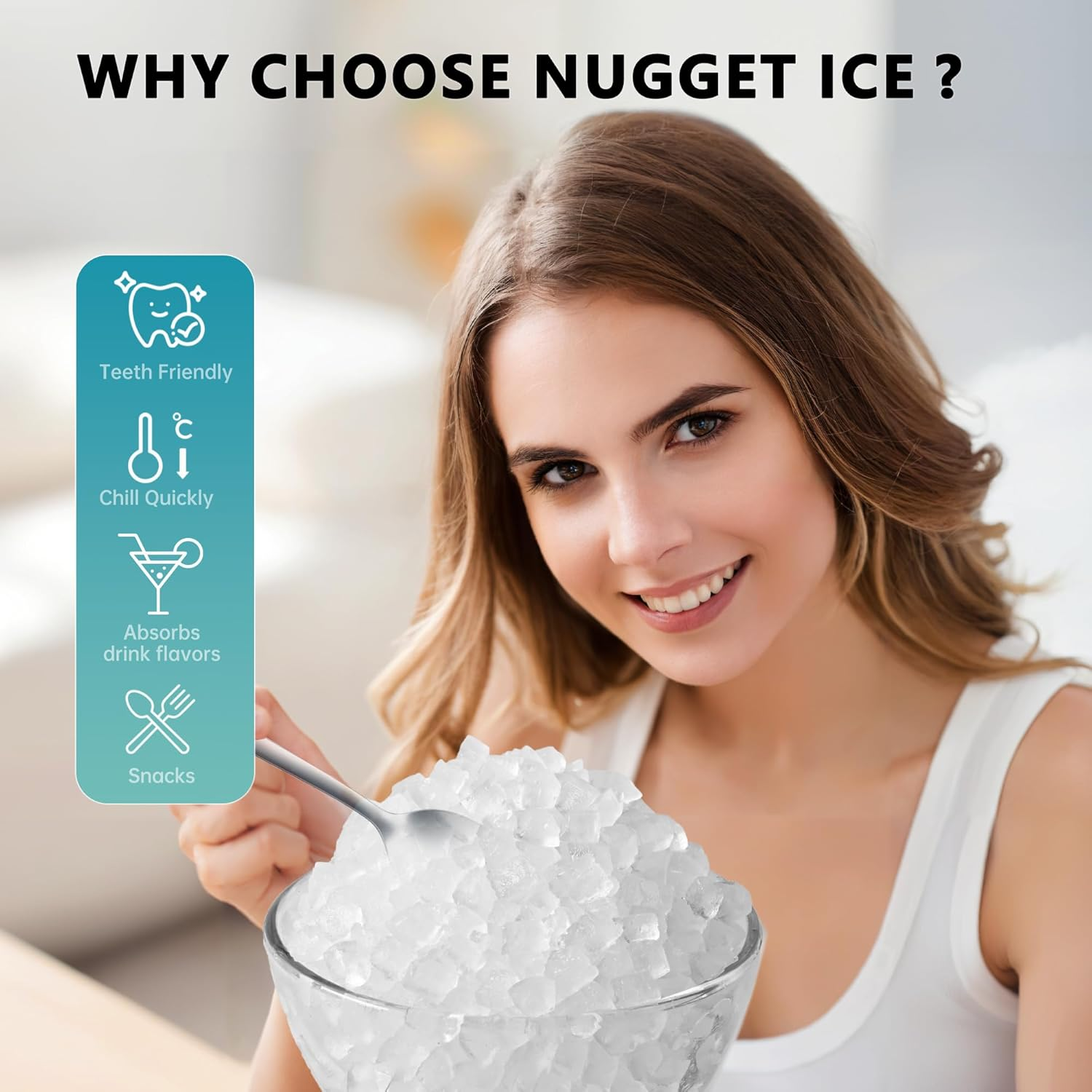 Countertop Nugget Ice Maker with Handle, Ready in 6 Mins, 34lbs Daily Production, Removable Top Cover & Auto-Cleaning, Portable Sonic Pellet Ice Maker with Basket and Scoop for Home Party RV Camping