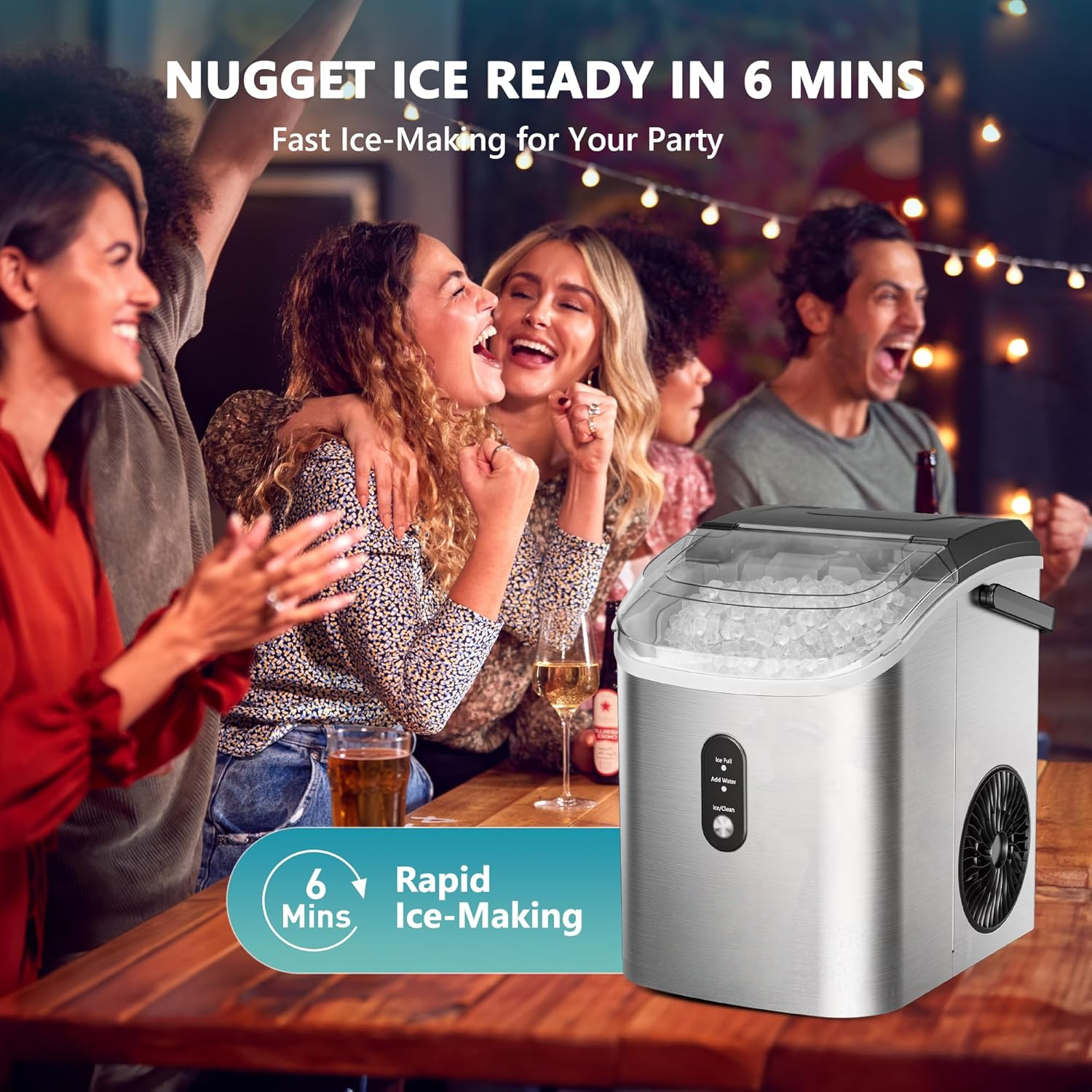 Countertop Nugget Ice Maker with Handle, Ready in 6 Mins, 34lbs Daily Production, Removable Top Cover & Auto-Cleaning, Portable Sonic Pellet Ice Maker with Basket and Scoop for Home Party RV Camping