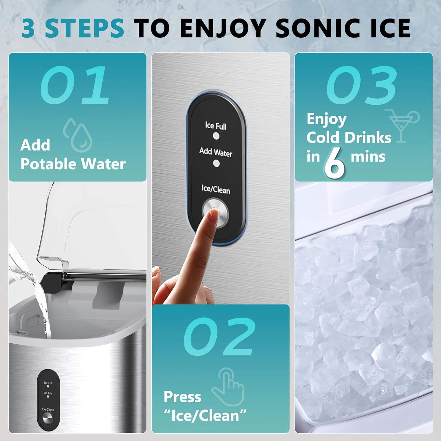 Countertop Nugget Ice Maker with Handle, Ready in 6 Mins, 34lbs Daily Production, Removable Top Cover & Auto-Cleaning, Portable Sonic Pellet Ice Maker with Basket and Scoop for Home Party RV Camping