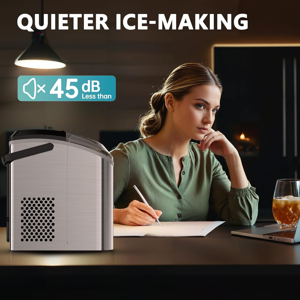Countertop Nugget Ice Maker with Handle, Ready in 6 Mins, 34lbs Daily Production, Removable Top Cover & Auto-Cleaning, Portable Sonic Pellet Ice Maker with Basket and Scoop for Home Party RV Camping