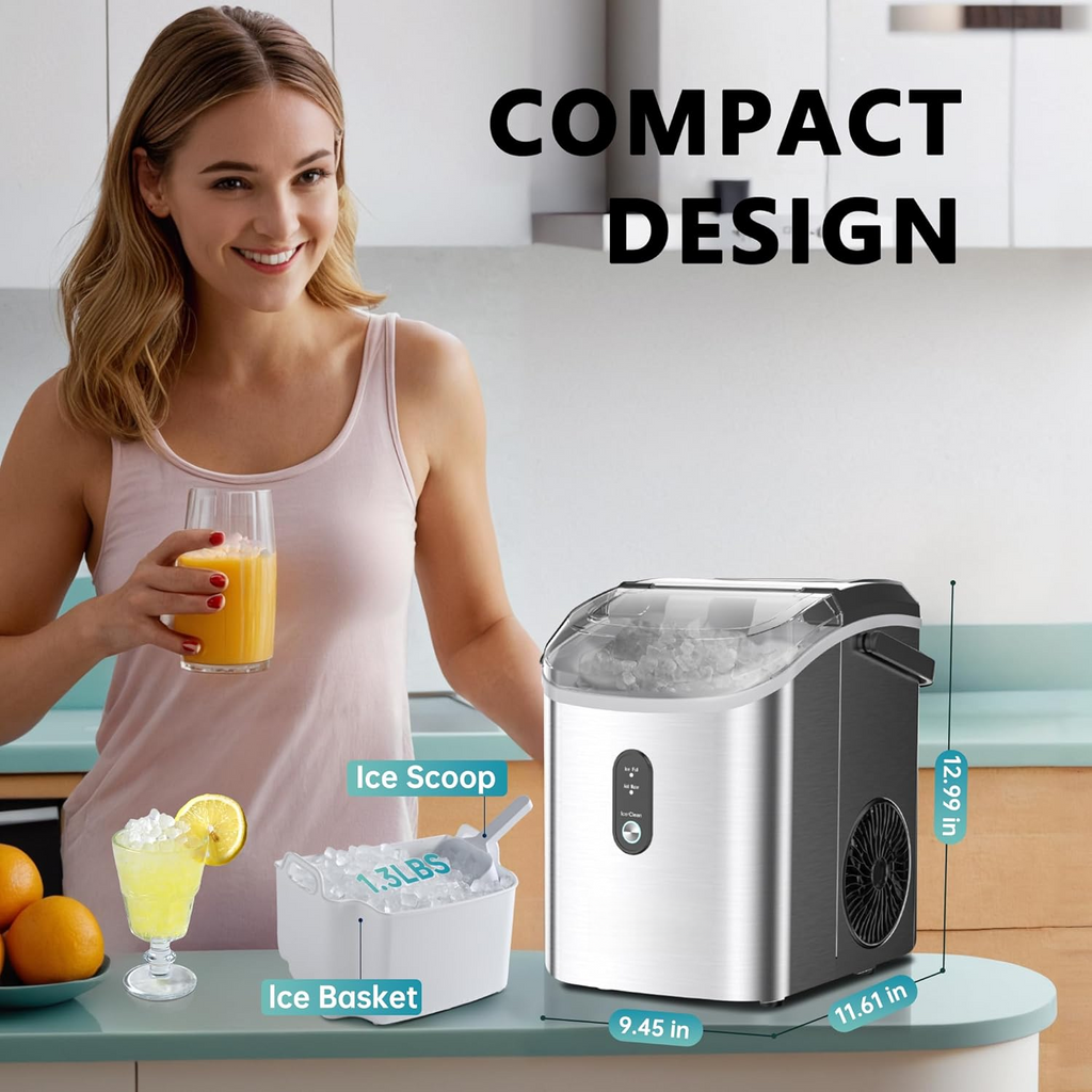 Countertop Nugget Ice Maker with Handle, Ready in 6 Mins, 34lbs Daily Production, Removable Top Cover & Auto-Cleaning, Portable Sonic Pellet Ice Maker with Basket and Scoop for Home Party RV Camping