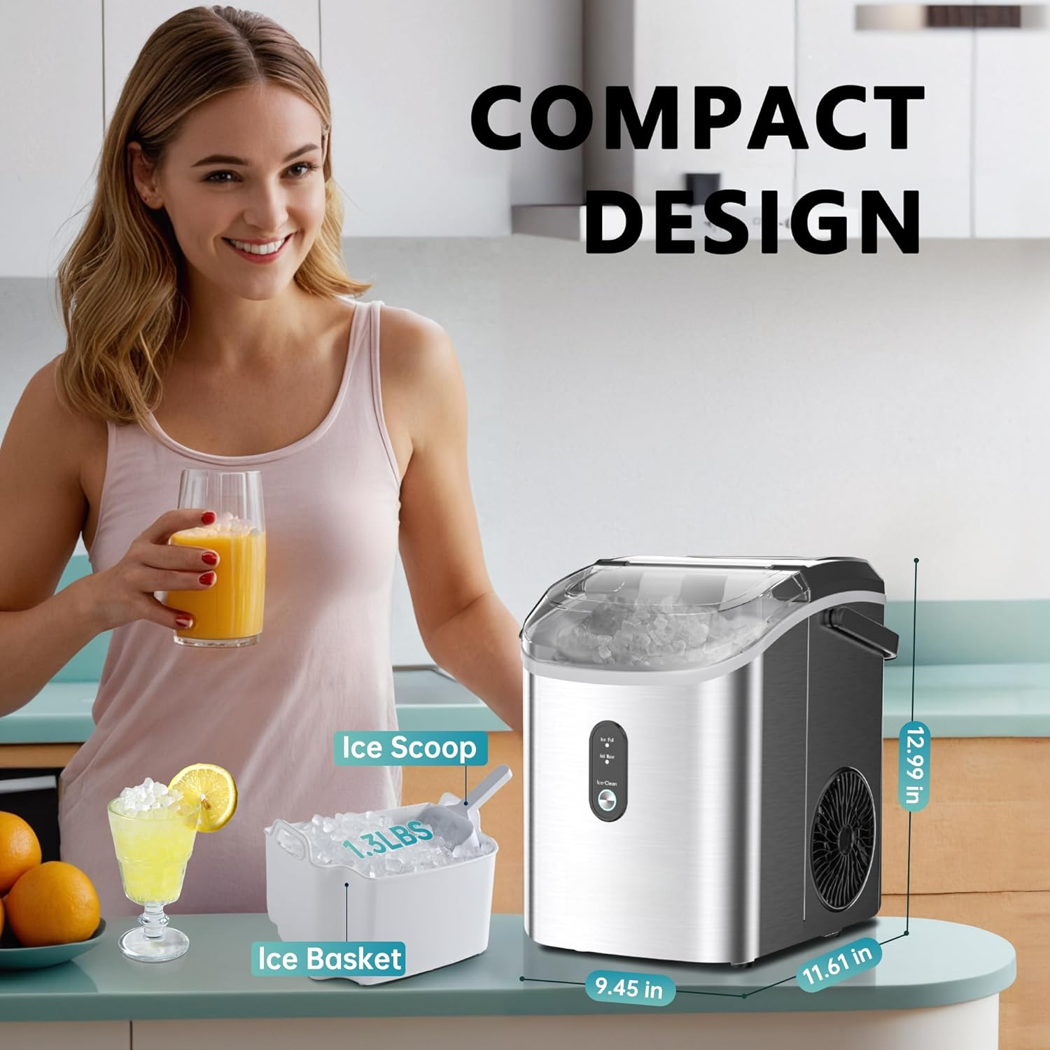 Countertop Nugget Ice Maker with Handle, Ready in 6 Mins, 34lbs Daily Production, Removable Top Cover & Auto-Cleaning, Portable Sonic Pellet Ice Maker with Basket and Scoop for Home Party RV Camping