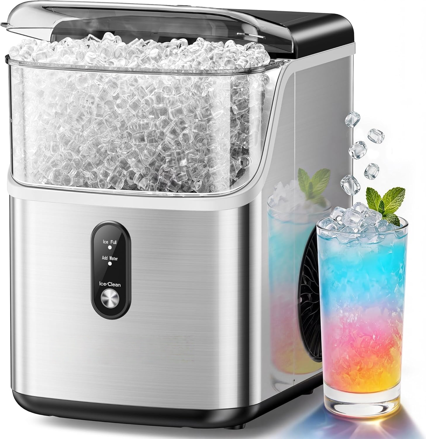 Stainless Steel Countertop Nugget Ice Maker, Ready in 7 Mins, 34Lbs/24H Self-Cleaning Pebble Pellet Sonic Ice Maker with Ice Scoop and Basket for Home Kitchen Use