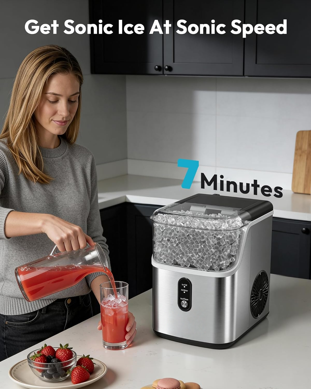 Stainless Steel Countertop Nugget Ice Maker, Ready in 7 Mins, 34Lbs/24H Self-Cleaning Pebble Pellet Sonic Ice Maker with Ice Scoop and Basket for Home Kitchen Use