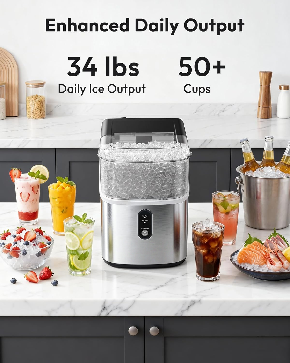 Stainless Steel Countertop Nugget Ice Maker, Ready in 7 Mins, 34Lbs/24H Self-Cleaning Pebble Pellet Sonic Ice Maker with Ice Scoop and Basket for Home Kitchen Use