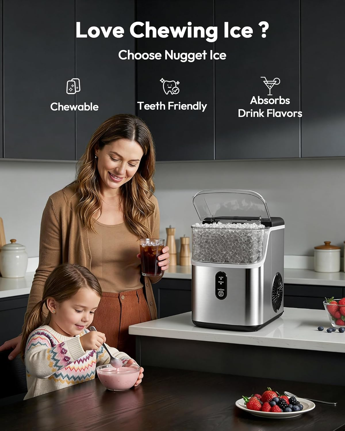 Stainless Steel Countertop Nugget Ice Maker, Ready in 7 Mins, 34Lbs/24H Self-Cleaning Pebble Pellet Sonic Ice Maker with Ice Scoop and Basket for Home Kitchen Use