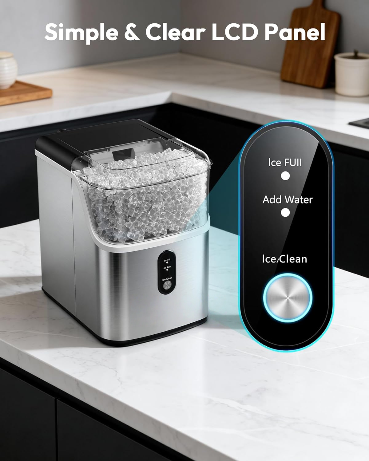 Stainless Steel Countertop Nugget Ice Maker, Ready in 7 Mins, 34Lbs/24H Self-Cleaning Pebble Pellet Sonic Ice Maker with Ice Scoop and Basket for Home Kitchen Use