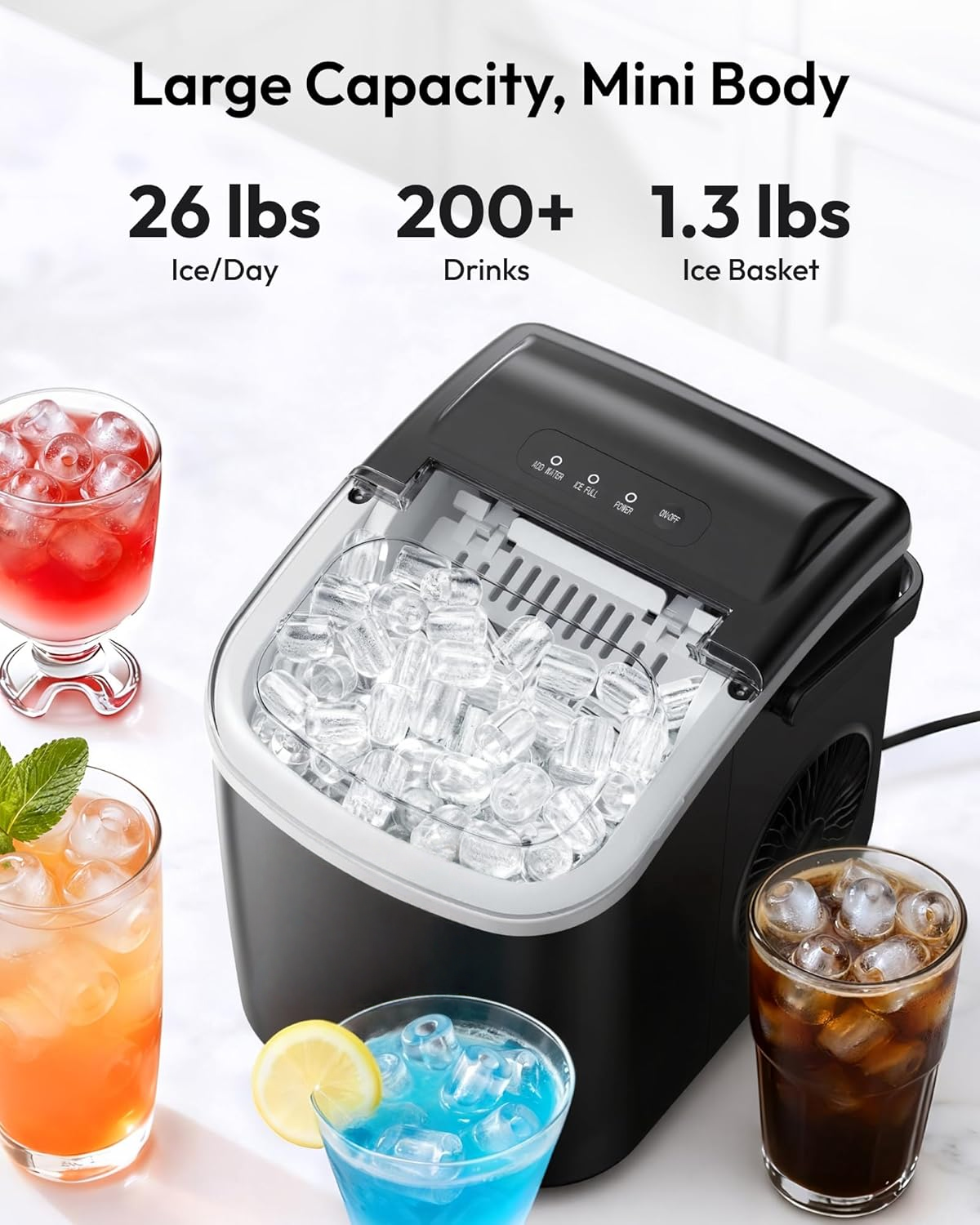 Countertop Ice Maker Machine with Handle, 26lbs Daily Capacity, 9 Ice Cubes Ready in 6 Mins, Auto-Cleaning Portable Ice Maker with Basket and Scoop for Home Kitchen Camping RV