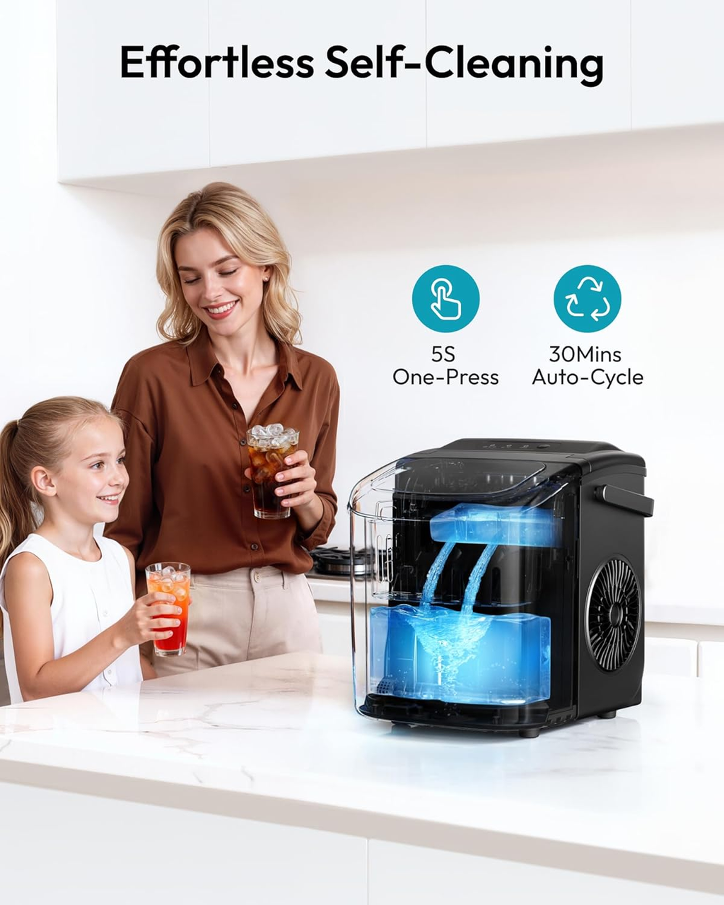 Countertop Ice Maker Machine with Handle, 26lbs Daily Capacity, 9 Ice Cubes Ready in 6 Mins, Auto-Cleaning Portable Ice Maker with Basket and Scoop for Home Kitchen Camping RV