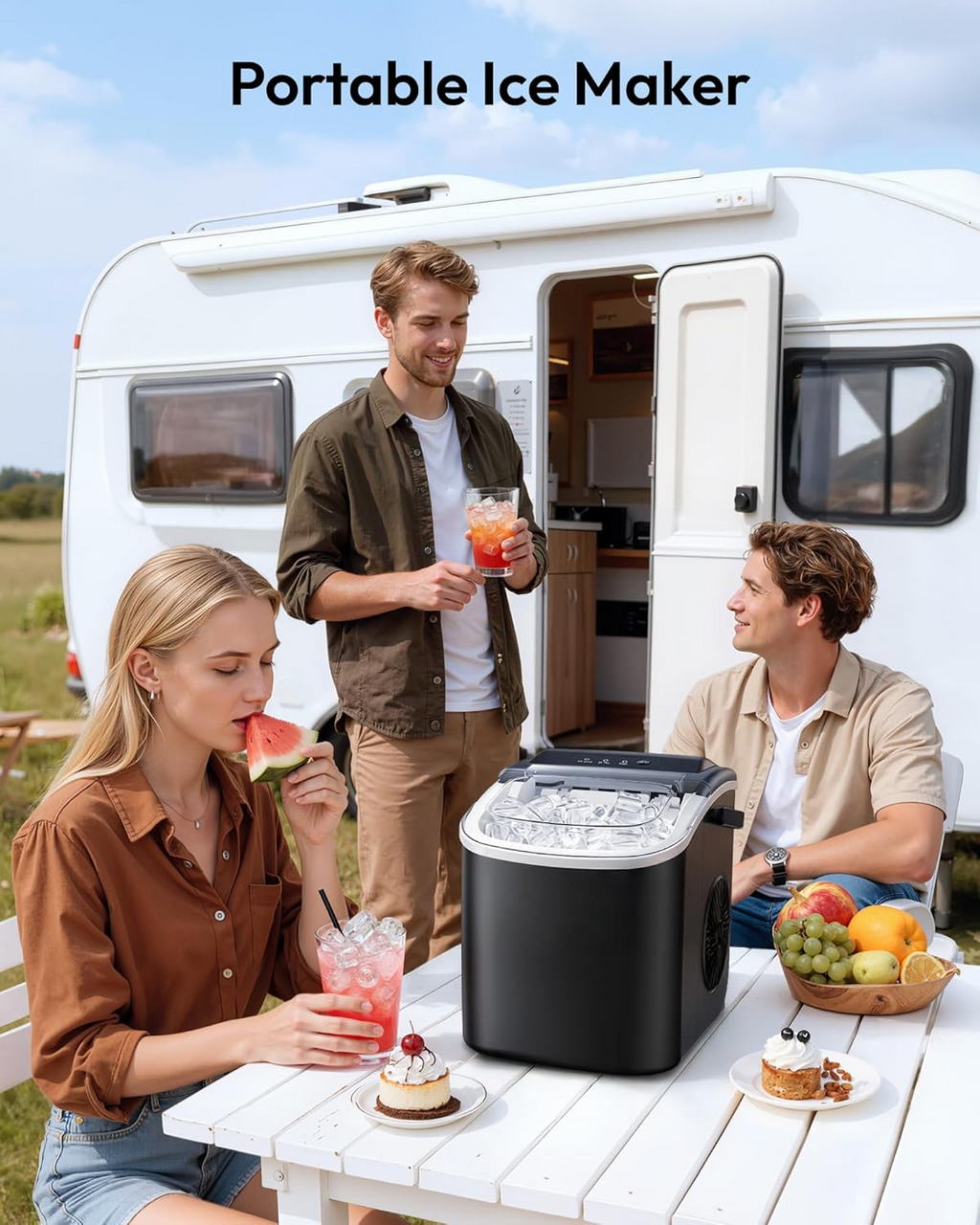 Countertop Ice Maker Machine with Handle, 26lbs Daily Capacity, 9 Ice Cubes Ready in 6 Mins, Auto-Cleaning Portable Ice Maker with Basket and Scoop for Home Kitchen Camping RV