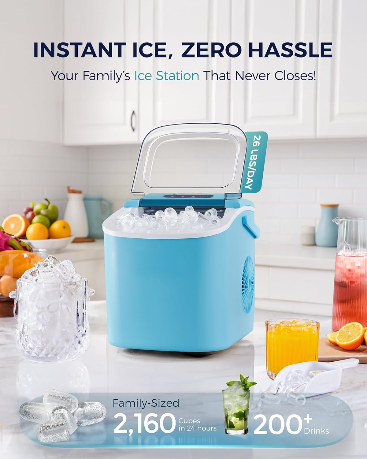 Portable Countertop Ice Maker with Ergonomic Handle, 6 Mins Fast Ice Making 9 Cubes, 26lbs Per Day Auto-Clean Ice Machine with Ice Basket & Scoop for Indoor Outdoor Use