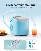 Portable Countertop Ice Maker with Ergonomic Handle, 6 Mins Fast Ice Making 9 Cubes, 26lbs Per Day Auto-Clean Ice Machine with Ice Basket & Scoop for Indoor Outdoor Use