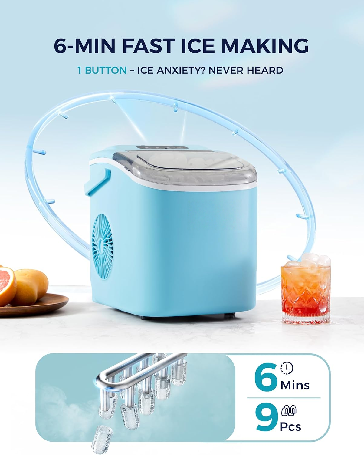 Portable Countertop Ice Maker with Ergonomic Handle, 6 Mins Fast Ice Making 9 Cubes, 26lbs Per Day Auto-Clean Ice Machine with Ice Basket & Scoop for Indoor Outdoor Use