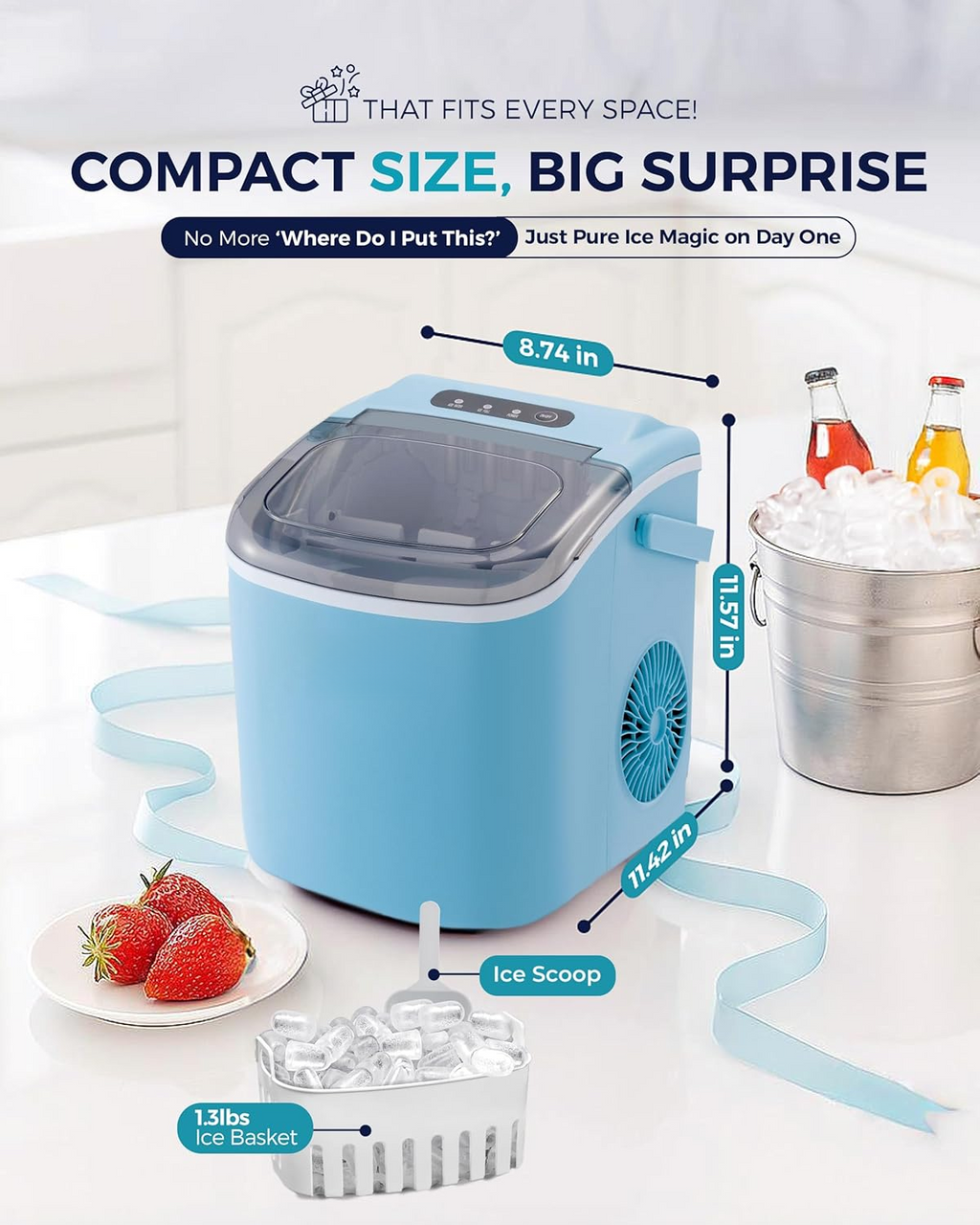 Portable Countertop Ice Maker with Ergonomic Handle, 6 Mins Fast Ice Making 9 Cubes, 26lbs Per Day Auto-Clean Ice Machine with Ice Basket & Scoop for Indoor Outdoor Use