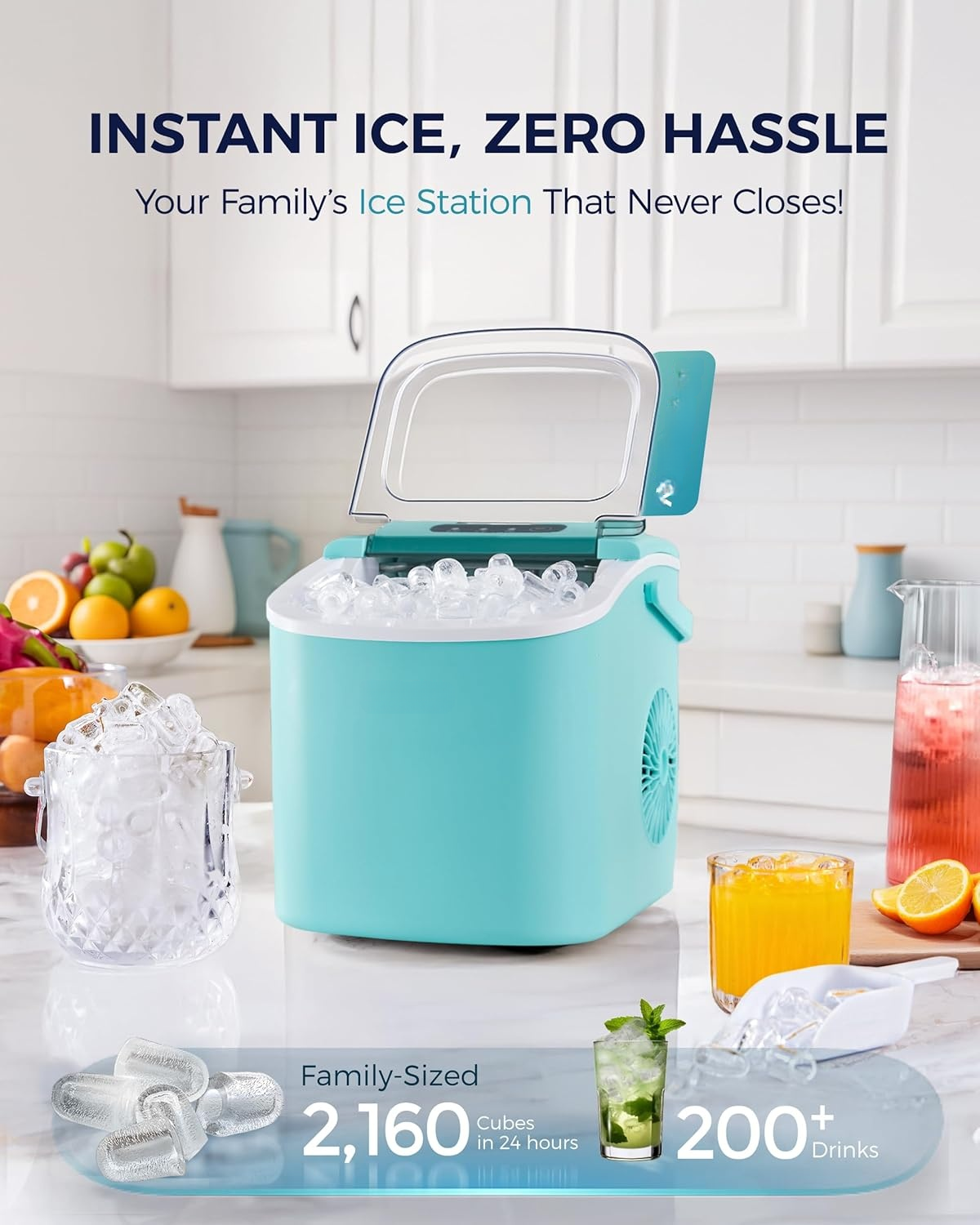 Fast Making Countertop Ice Maker, 9 Ice Cubes Ready in 6 Minutes, 26lbs 24Hrs Portable Ice Machine with Handle Auto-Cleaning Design for Home Kitchen RV Camping