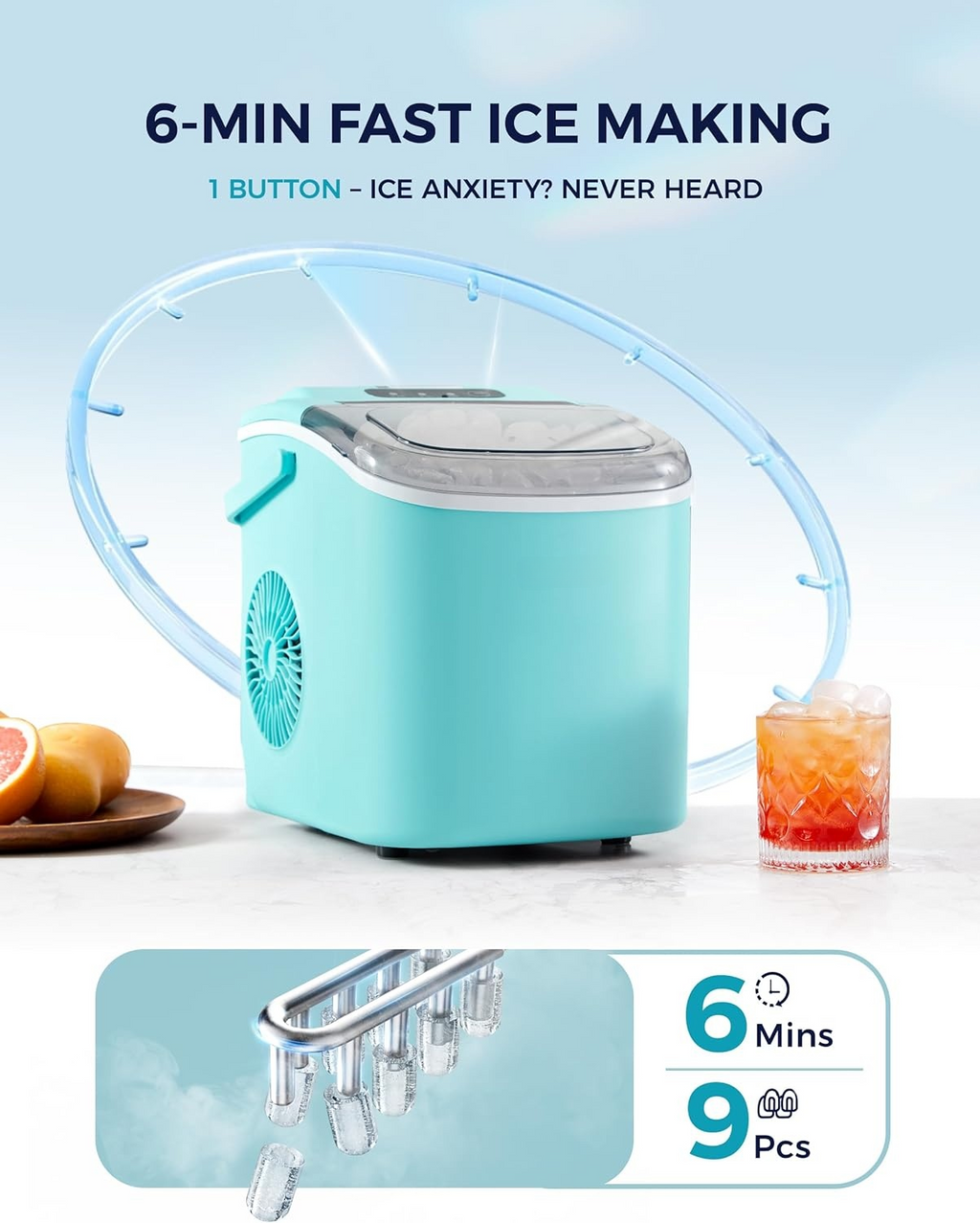 Fast Making Countertop Ice Maker, 9 Ice Cubes Ready in 6 Minutes, 26lbs 24Hrs Portable Ice Machine with Handle Auto-Cleaning Design for Home Kitchen RV Camping