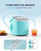 Fast Making Countertop Ice Maker, 9 Ice Cubes Ready in 6 Minutes, 26lbs 24Hrs Portable Ice Machine with Handle Auto-Cleaning Design for Home Kitchen RV Camping