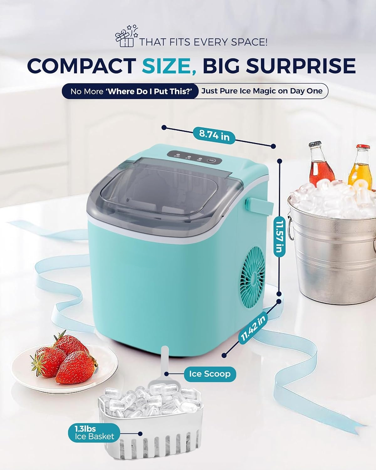 Fast Making Countertop Ice Maker, 9 Ice Cubes Ready in 6 Minutes, 26lbs 24Hrs Portable Ice Machine with Handle Auto-Cleaning Design for Home Kitchen RV Camping
