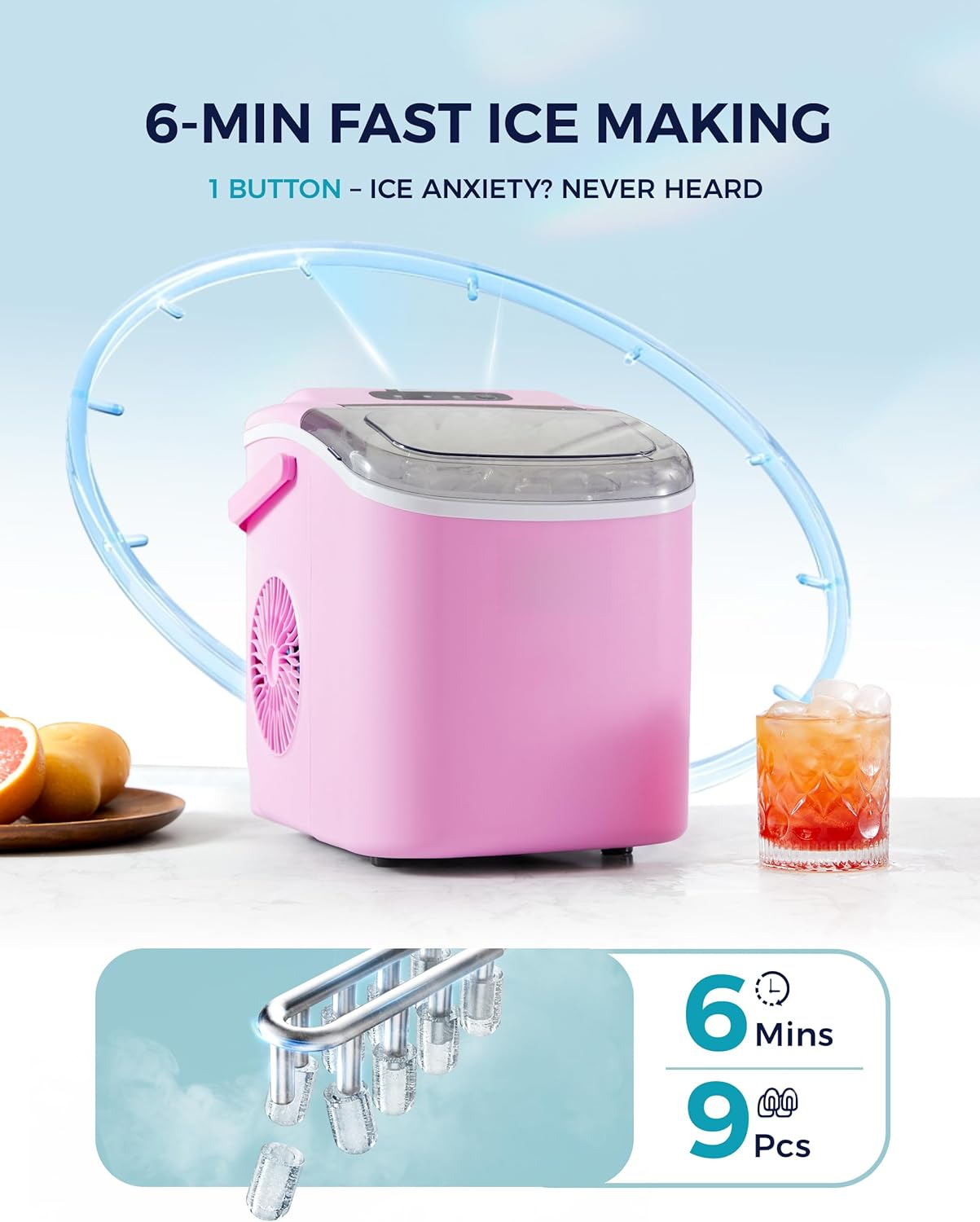 Auto-Cleaning Portable Countertop Ice Maker, 26lbs Daily Ice Production, Quick 6 Mins 9 Cubes Making, Compact Ice Machine with Basket Scoop Handle for Camping Kitchen RV
