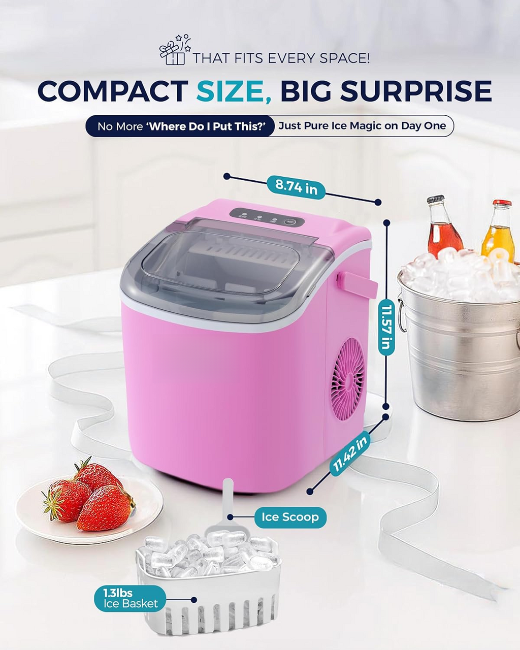 Auto-Cleaning Portable Countertop Ice Maker, 26lbs Daily Ice Production, Quick 6 Mins 9 Cubes Making, Compact Ice Machine with Basket Scoop Handle for Camping Kitchen RV