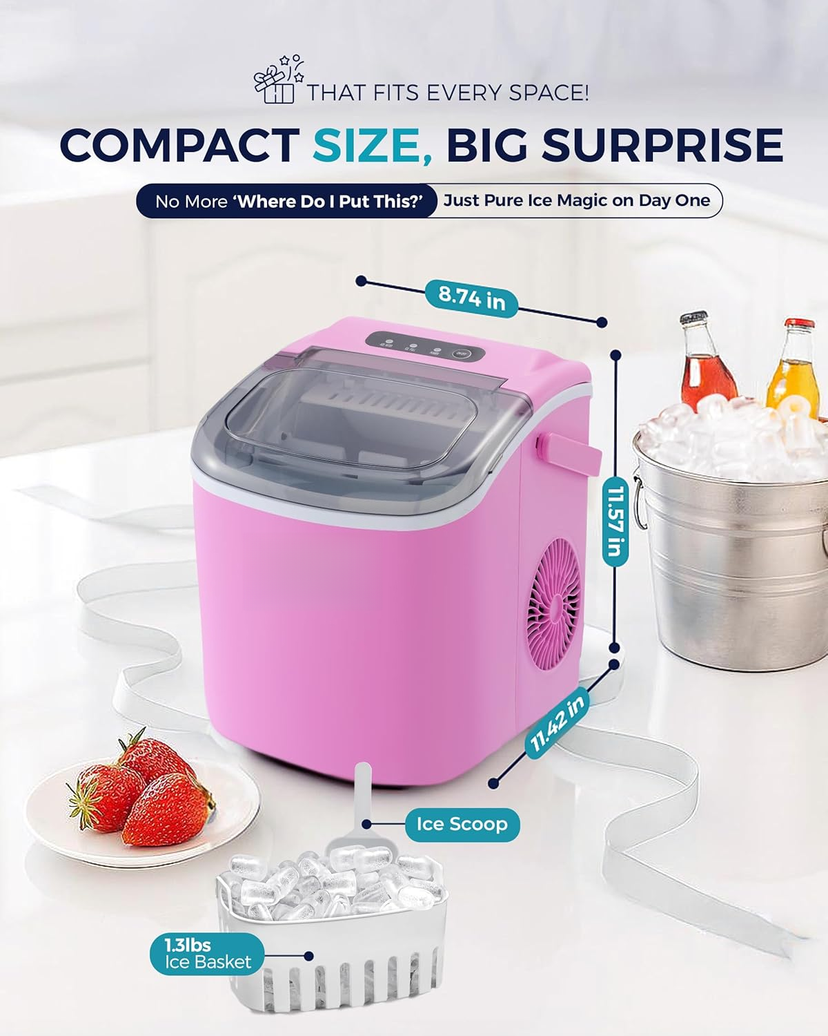 Auto-Cleaning Portable Countertop Ice Maker, 26lbs Daily Ice Production, Quick 6 Mins 9 Cubes Making, Compact Ice Machine with Basket Scoop Handle for Camping Kitchen RV