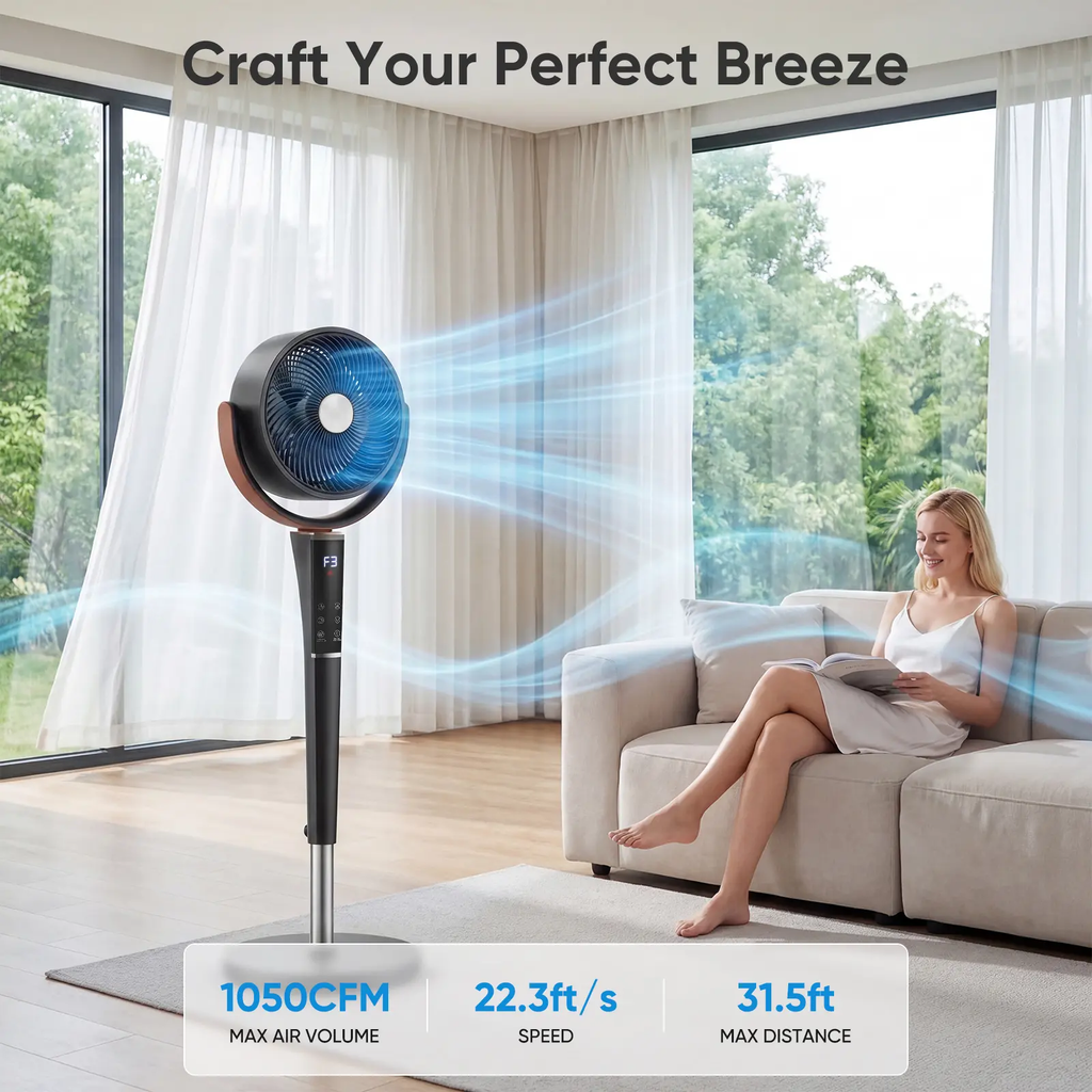 Finally a Silent Bedroom Fan! 20dB DC Air Circulator, 1050CFM Airflow, Adjustable Height with LED Light & Remote