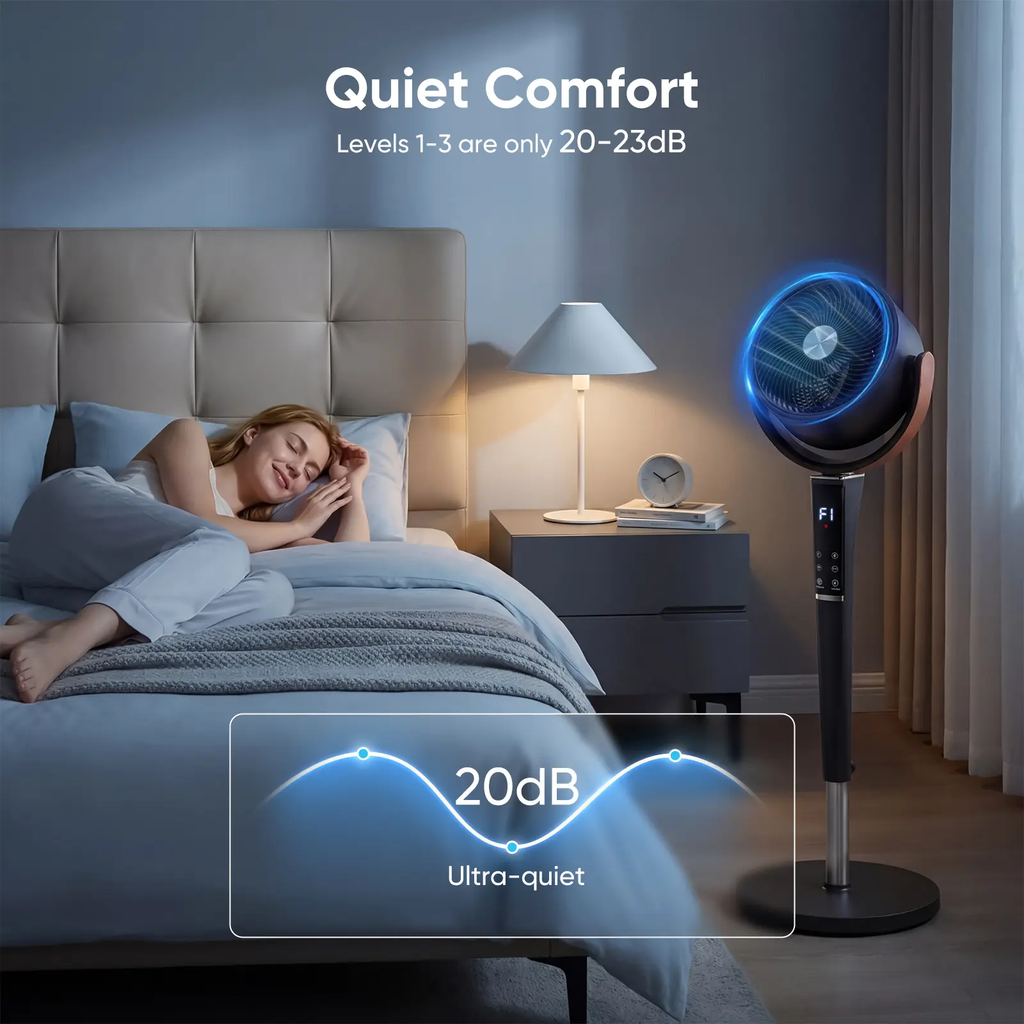 Finally a Silent Bedroom Fan! 20dB DC Air Circulator, 1050CFM Airflow, Adjustable Height with LED Light & Remote